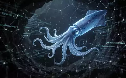 A glowing blue squid tentacle emerges from a dark digital void, reaching for abstract code, symbolizing a hidden software vulnerability. - Foto: über boerse-global.de