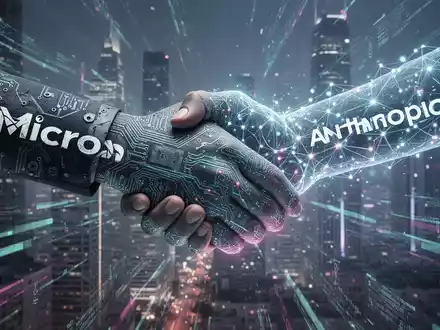 Two hands, one with circuit board texture and the other glowing with network lines, shaking over a futuristic city. - Foto: über boerse-global.de