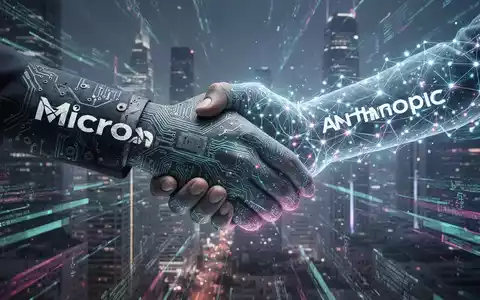 Two hands, one with circuit board texture and the other glowing with network lines, shaking over a futuristic city. - Foto: über boerse-global.de