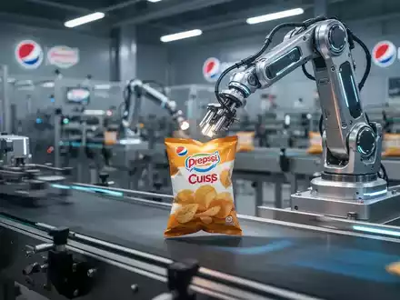 Ein Roboterarm platziert präzise eine Snacktüte auf einem Förderband in einer modernen Fabrik, die Automatisierung symbolisiert. - Foto: über boerse-global.de