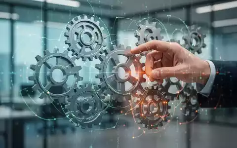 Eine Hand greift nach einem Zahnrad, das mit anderen Zahnrädern und leuchtenden digitalen Linien verbunden ist, symbolisiert KI-Automatisierung mit menschlicher Aufsicht. - Foto: über boerse-global.de