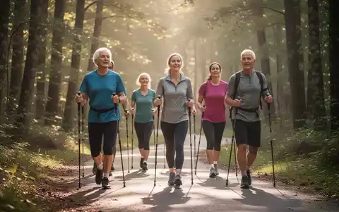 Eine Gruppe von Menschen praktiziert Nordic Walking auf einem sonnigen Waldweg, was Bewegung und Wohlbefinden symbolisiert. - Foto: über boerse-global.de