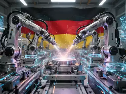 Robotic arms in a high-tech factory, symbolizing industrial innovation and AI, with data streams and a subtle German flag. - Foto: über boerse-global.de