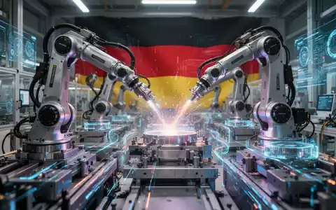 Robotic arms in a high-tech factory, symbolizing industrial innovation and AI, with data streams and a subtle German flag. - Foto: über boerse-global.de