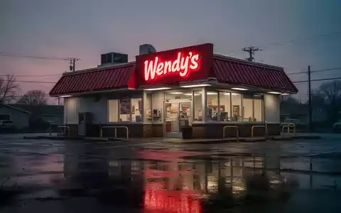 Ein Wendy's Restaurant bei Dämmerung, das rote Schild spiegelt sich auf nassem Asphalt, vermittelt einen Eindruck des Rückgangs. - Foto: über boerse-global.de