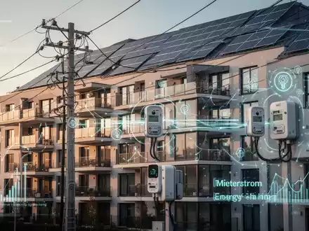 Ein modernes Mehrparteienhaus mit Solarmodulen auf dem Dach und sichtbaren Stromleitungen, die Mieterstrom und Energy Sharing symbolisieren. - Foto: über boerse-global.de