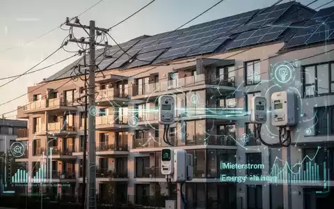Ein modernes Mehrparteienhaus mit Solarmodulen auf dem Dach und sichtbaren Stromleitungen, die Mieterstrom und Energy Sharing symbolisieren. - Foto: über boerse-global.de