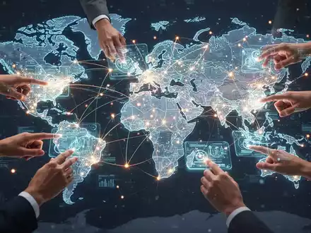 A glowing digital network connecting global cities, with diverse hands interacting with holographic screens, symbolizing e-government. - Foto: über boerse-global.de