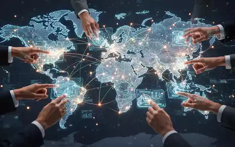 A glowing digital network connecting global cities, with diverse hands interacting with holographic screens, symbolizing e-government. - Foto: über boerse-global.de