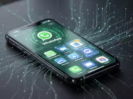 A smartphone displaying the WhatsApp interface with AI features and data flow lines, symbolizing AI integration and data control. - Foto: über boerse-global.de