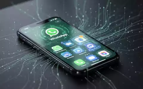 A smartphone displaying the WhatsApp interface with AI features and data flow lines, symbolizing AI integration and data control. - Foto: über boerse-global.de