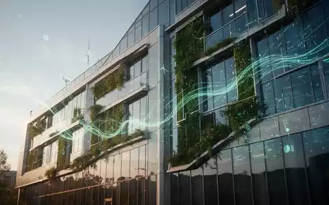 Eine moderne, energieeffiziente Gebäudefassade mit grünen Technologien, die einen klaren Himmel widerspiegelt und digitale Datenströme andeutet. - Foto: über boerse-global.de