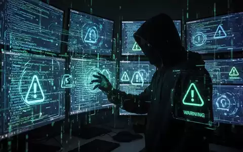 Eine schattenhafte Figur, die digitale Datenströme manipuliert, mit Bildschirmen, die Code und Warnsymbole zeigen, symbolisiert KI-Phishing. - Foto: über boerse-global.de