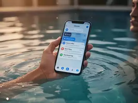 Eine Hand hält ein Smartphone mit Arbeitsbenachrichtigungen in einem Swimmingpool, was den Konflikt zwischen Urlaub und Arbeit symbolisiert. - Foto: über boerse-global.de