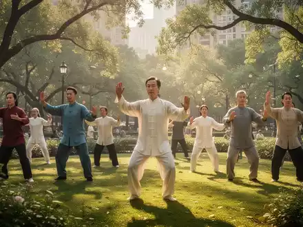 Menschen praktizieren Qigong in einem sonnigen Stadtpark, umgeben von Bäumen und Grünflächen. Die Szene strahlt Ruhe und Gemeinschaft aus. - Foto: über boerse-global.de