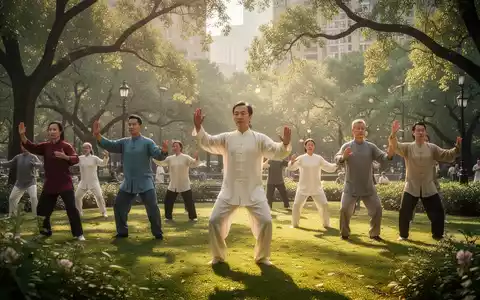 Menschen praktizieren Qigong in einem sonnigen Stadtpark, umgeben von Bäumen und Grünflächen. Die Szene strahlt Ruhe und Gemeinschaft aus. - Foto: über boerse-global.de