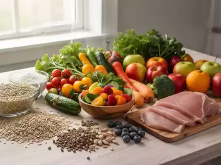 Eine Auswahl gesunder Lebensmittel wie Vollkornprodukte, Gemüse, Obst und mageres Protein, auf einem Holztisch arrangiert. - Foto: über boerse-global.de