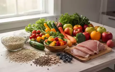 Eine Auswahl gesunder Lebensmittel wie Vollkornprodukte, Gemüse, Obst und mageres Protein, auf einem Holztisch arrangiert. - Foto: über boerse-global.de
