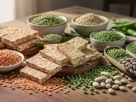 Verschiedene pflanzliche Proteinalternativen wie Tempeh, Linsen, Erbsen und Lupinen liegen auf einem Holztisch, beleuchtet von sanftem Licht. - Foto: über boerse-global.de