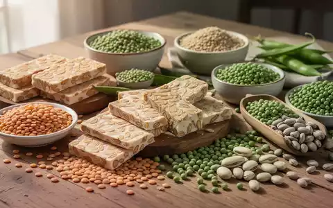 Verschiedene pflanzliche Proteinalternativen wie Tempeh, Linsen, Erbsen und Lupinen liegen auf einem Holztisch, beleuchtet von sanftem Licht. - Foto: über boerse-global.de
