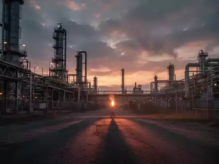 Industrieanlage bei Sonnenuntergang, mit einer einzelnen Sicherheitsfackel in der Ferne. - Foto: über boerse-global.de