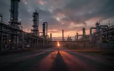 Industrieanlage bei Sonnenuntergang, mit einer einzelnen Sicherheitsfackel in der Ferne. - Foto: über boerse-global.de