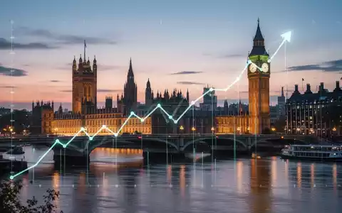 Londoner Skyline bei Sonnenuntergang mit Houses of Parliament, Big Ben und River Thames, symbolisiert durch eine aufsteigende Linie. - Foto: über boerse-global.de