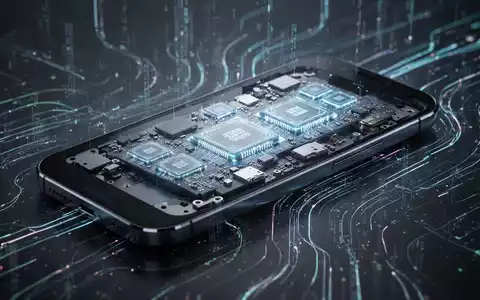 A sleek smartphone, partially disassembled, showing illuminated microchips and circuitry, with abstract digital lines in the background. - Foto: über boerse-global.de