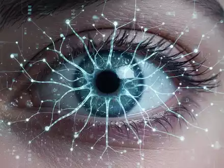 Nahaufnahme eines menschlichen Auges mit überlagertem, leuchtendem neuronalem Netz, das KI-gestützte Netzhautanalyse darstellt. - Foto: über boerse-global.de