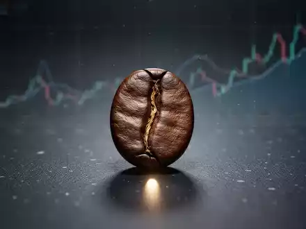 Eine einzelne Kaffeebohne mit glänzender Oberfläche auf dunklem Hintergrund, dahinter angedeutete Finanzgrafiken. - Foto: über boerse-global.de