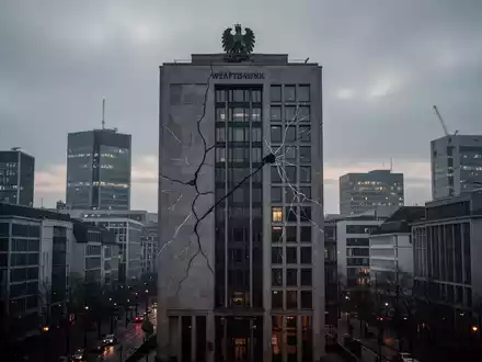 Eine moderne deutsche Stadtkulisse in der Dämmerung, mit subtilen Rissen an der Fassade eines kommunalen Gebäudes. - Foto: über boerse-global.de