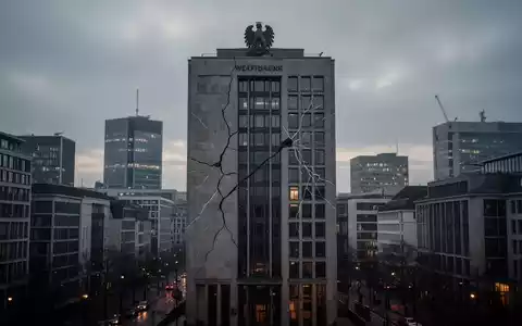 Eine moderne deutsche Stadtkulisse in der Dämmerung, mit subtilen Rissen an der Fassade eines kommunalen Gebäudes. - Foto: über boerse-global.de