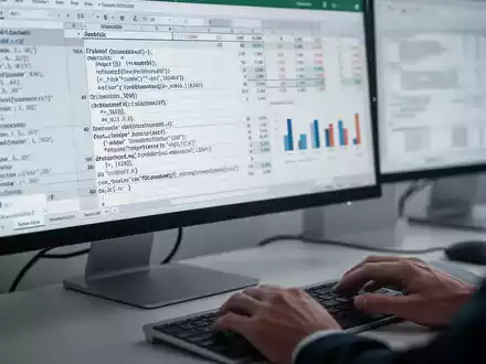 Close-up of a computer screen showing Excel spreadsheets with optimized formulas, with blurred hands typing on a keyboard. - Foto: über boerse-global.de
