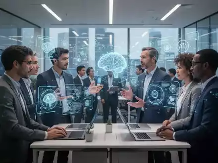 Mitarbeiter von Samsung nutzen ChatGPT Enterprise in einem modernen Büro mit holografischen Schnittstellen. - Foto: über boerse-global.de