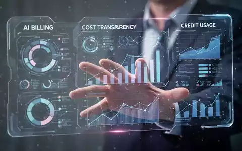 Holographic interface showing AI billing data and credit usage, with a hand interacting. Represents AI cost transparency. - Foto: über boerse-global.de