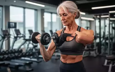 Eine ältere Frau beim Hanteltraining in einem Fitnessstudio, die Kraft und Vitalität ausstrahlt. - Foto: über boerse-global.de