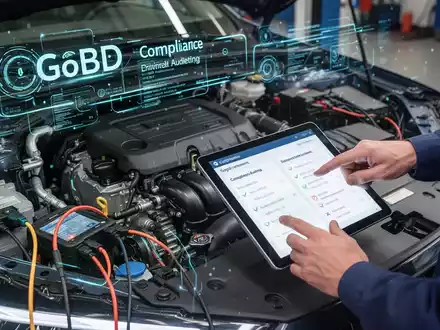 Nahaufnahme eines modernen Motors in einer Kfz-Werkstatt, mit digitalen Datenströmen und einem Mechaniker, der ein Tablet bedient. - Foto: über boerse-global.de