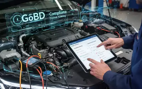 Nahaufnahme eines modernen Motors in einer Kfz-Werkstatt, mit digitalen Datenströmen und einem Mechaniker, der ein Tablet bedient. - Foto: über boerse-global.de