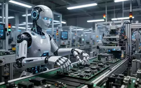 A humanoid robot with highly articulated hands performs tasks on an assembly line in a modern, brightly lit factory. - Foto: über boerse-global.de