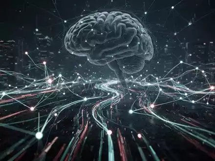 Abstract digital landscape showing rapid data flow and interconnected nodes, with a subtle AI network overlay, symbolizing cyber threats. - Foto: über boerse-global.de