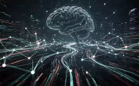 Abstract digital landscape showing rapid data flow and interconnected nodes, with a subtle AI network overlay, symbolizing cyber threats. - Foto: über boerse-global.de