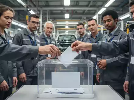 Mitarbeiter in einer Fabrik, die ihre Stimmzettel in eine Wahlurne werfen, was die Gründung eines Betriebsrates symbolisiert. - Foto: über boerse-global.de