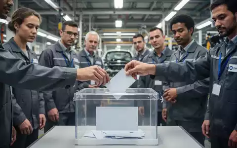 Mitarbeiter in einer Fabrik, die ihre Stimmzettel in eine Wahlurne werfen, was die Gründung eines Betriebsrates symbolisiert. - Foto: über boerse-global.de