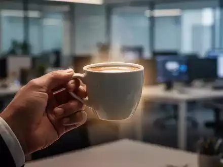 Eine Hand hält eine Kaffeetasse in einem unscharfen Büroumfeld, symbolisch für kurze Präsenz im Büro und flexibles Arbeiten. - Foto: über boerse-global.de