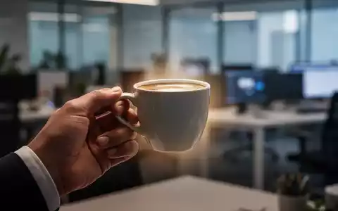 Eine Hand hält eine Kaffeetasse in einem unscharfen Büroumfeld, symbolisch für kurze Präsenz im Büro und flexibles Arbeiten. - Foto: über boerse-global.de