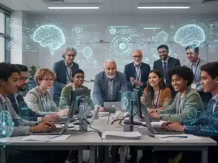Eine vielfältige Gruppe von Studierenden und Professoren arbeitet in einem modernen, digital ausgestatteten Universitätsklassenzimmer zusammen. - Foto: über boerse-global.de