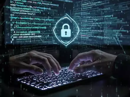 Close-up of hands typing on a keyboard, with abstract digital code and a phishing icon on a screen in the background. - Foto: über boerse-global.de