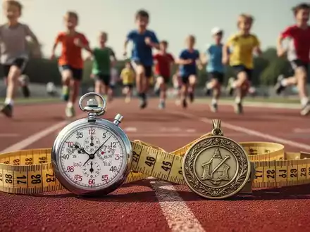 Eine Stoppuhr, ein Maßband und eine Medaille liegen auf einer Tartanbahn, im Hintergrund verschwommen Kinder beim Sport. - Foto: über boerse-global.de