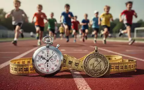 Eine Stoppuhr, ein Maßband und eine Medaille liegen auf einer Tartanbahn, im Hintergrund verschwommen Kinder beim Sport. - Foto: über boerse-global.de