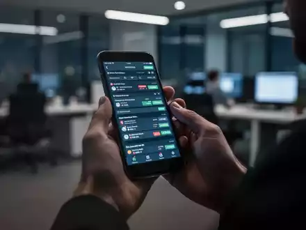 Hände halten ein Smartphone mit Wett-App, unscharfer Bürohintergrund. Symbolisiert Glücksspielsucht und digitale Ablenkung am Arbeitsplatz. - Foto: über boerse-global.de